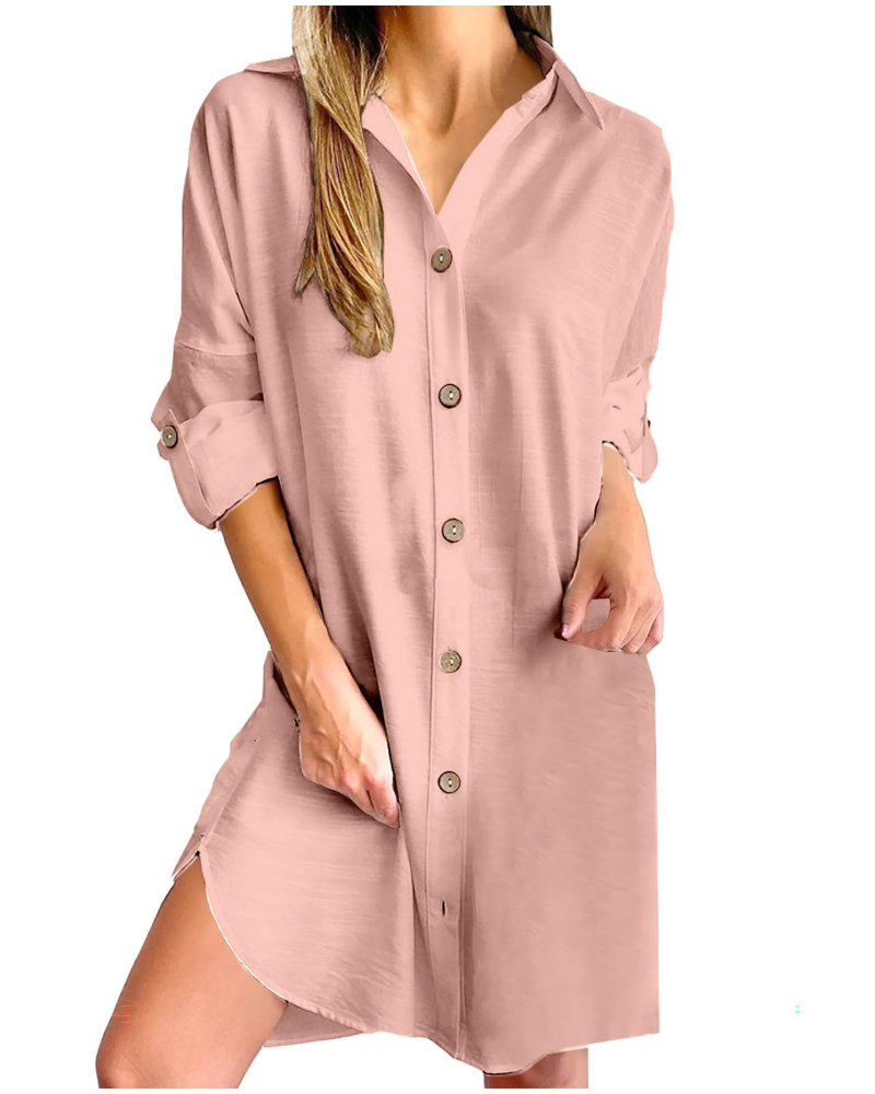 Kendall Chemisier Femme – Robe en Coton et Lin avec Boutons et Manches Longues
