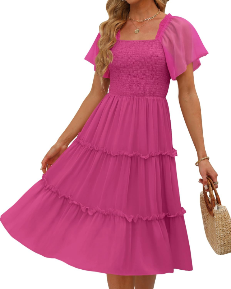 Madison Robe Femme Midi – Robe en Chiffon avec Col Carré et Volants
