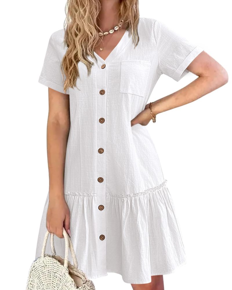 Felicity – Robe femme en coton et lin, col en V, boutons et jupe évasée