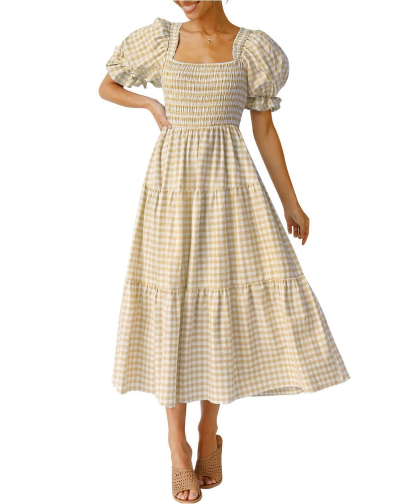Scarlett Abito Donna – Vestito Midi con Scollo Quadrato, Maniche Puff & Gonna a Volant