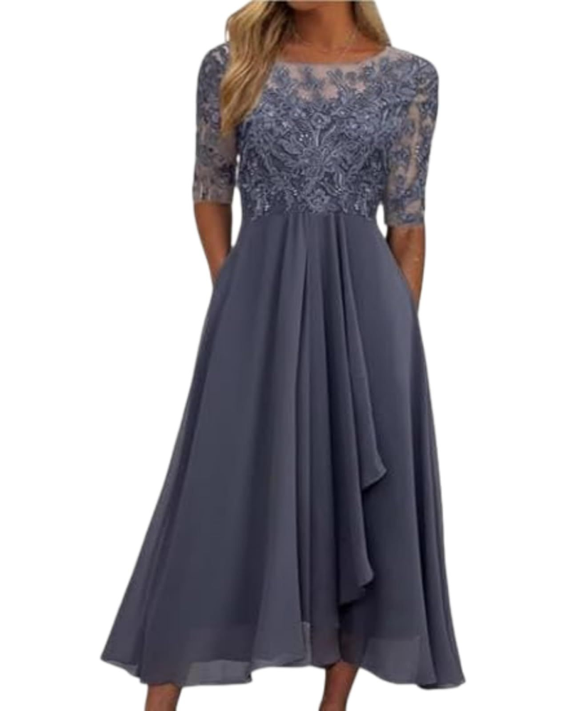 Victoria Vestito Donna Midi – Abito in Pizzo e Chiffon con Mezze Maniche