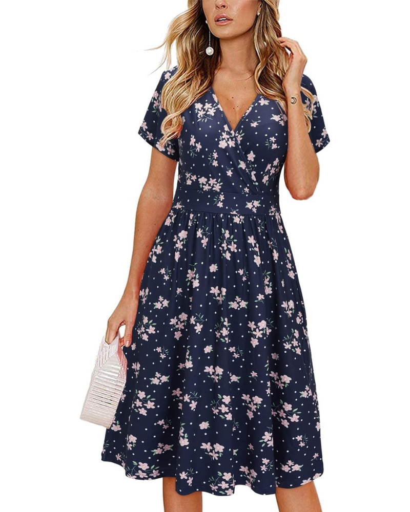Harper Abito Midi Donna – Vestito Incrociato con Scollo a V, Maniche Corte e Tasche