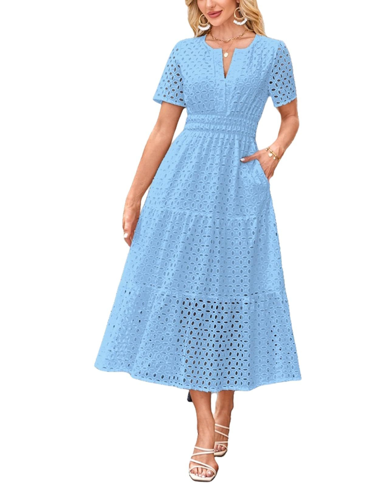 Sophia Vestito Donna Maxi – Abito Estivo in Cotone con Ricamo, Scollo V & Tasche