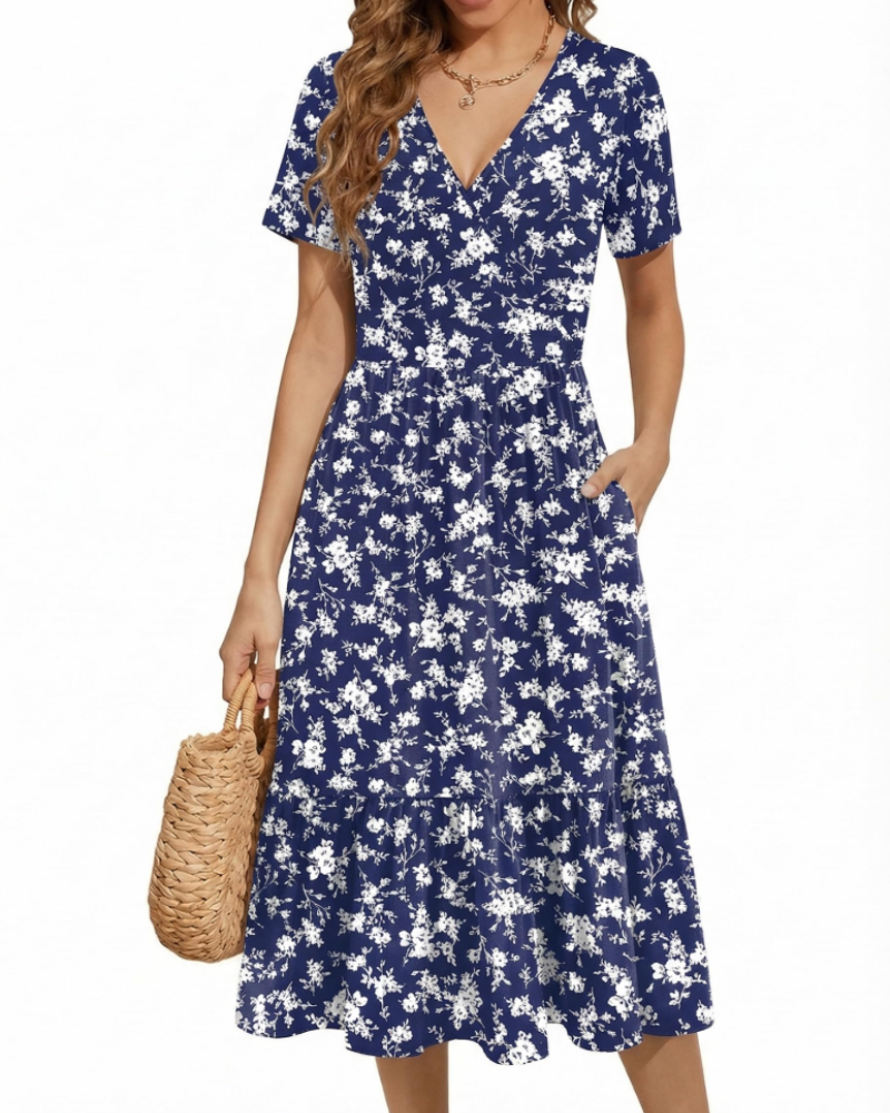 Heather Floral Women’s Midi Dress – V-Neck, High Waist, Short Sleeves, and Pockets