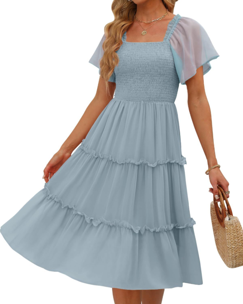 Madison Robe Femme Midi – Robe en Chiffon avec Col Carré et Volants