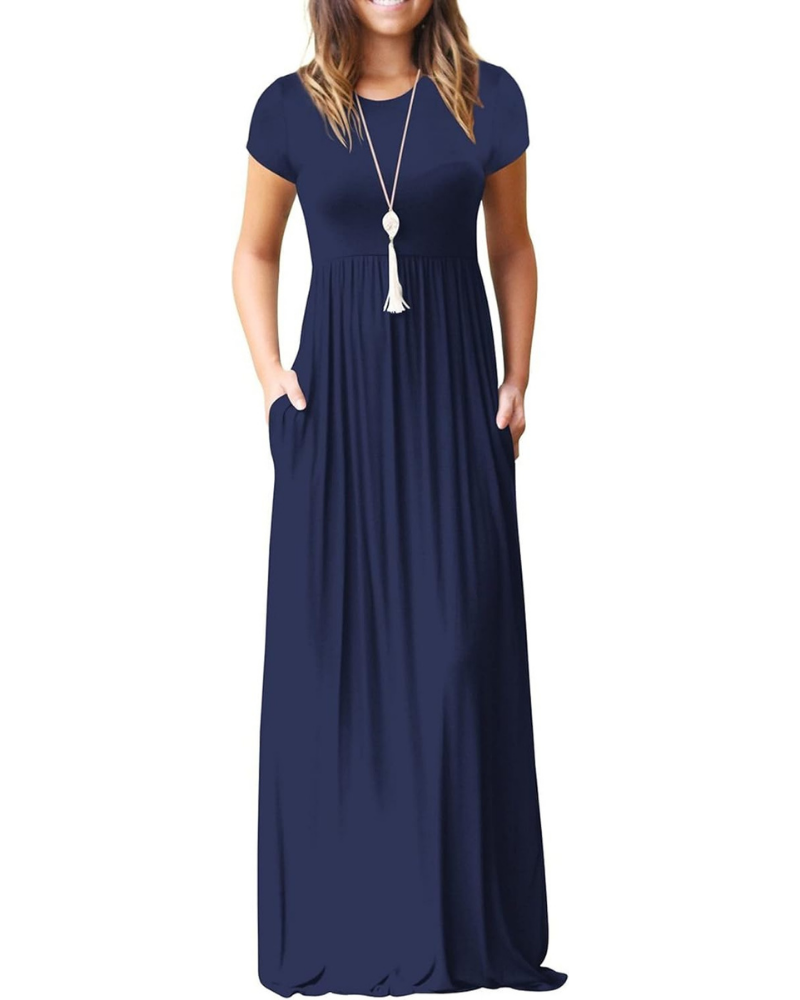 Delphine Abito Maxi Donna – Vestito Lungo con Girocollo, Vita Alta e Tasche