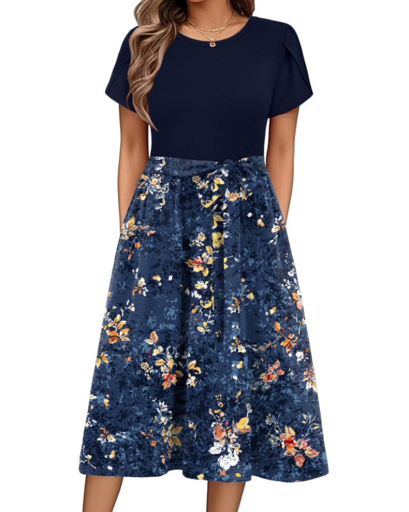 Maureen Abito midi dame med blomstermønster – ermer med kronbladdesign, justerbart belte og lommer