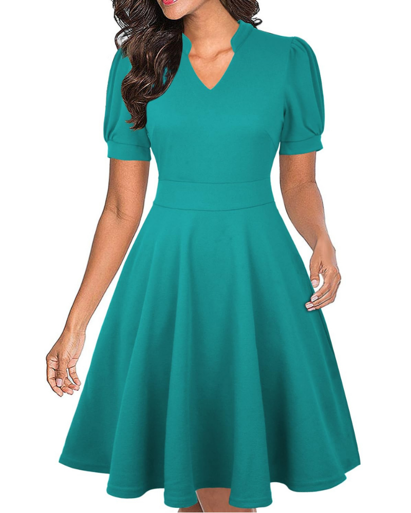 Bella Vestido Mujer – Vestido de Negocios Línea A con Escote en V, Mangas Abullonadas y Bolsillos