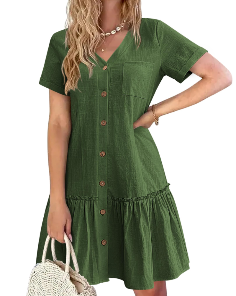 Felicity – Robe femme en coton et lin, col en V, boutons et jupe évasée