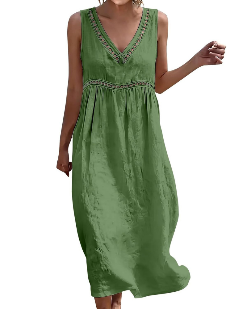 Hadley Curvy Women’s Long Dress – Cotton and Linen, V-Neck, Embroidery and Pockets