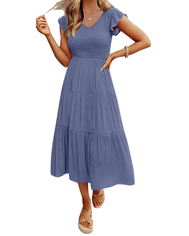 Sienna Abito Donna – Vestito Midi A-Line con Scollo a V, Maniche Flutter & Busto Smock