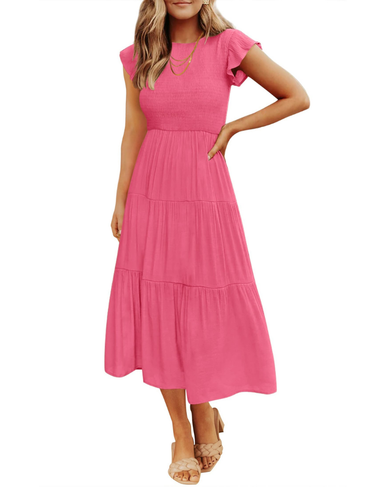 Grace Abito Mujer – Vestido Midi Cottagecore con Busto Fruncido, Mangas Volantes y Falda con Volantes