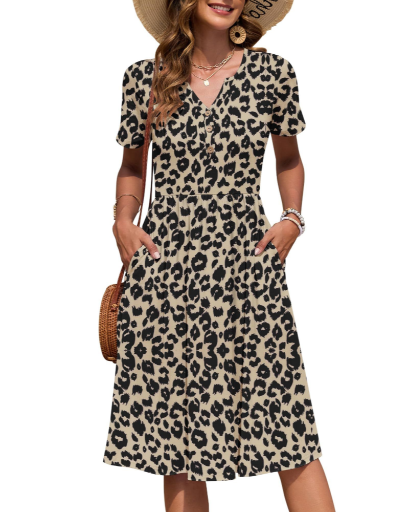 Megan Abito Midi Donna – Vestito Estivo con Scollo a V, Vita Impero e Tasche