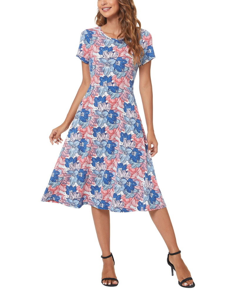 Hannah Abito Mujer – Vestido Floral a la Rodilla con Cuello Redondo, Mangas Cortas y Falda Acampanada