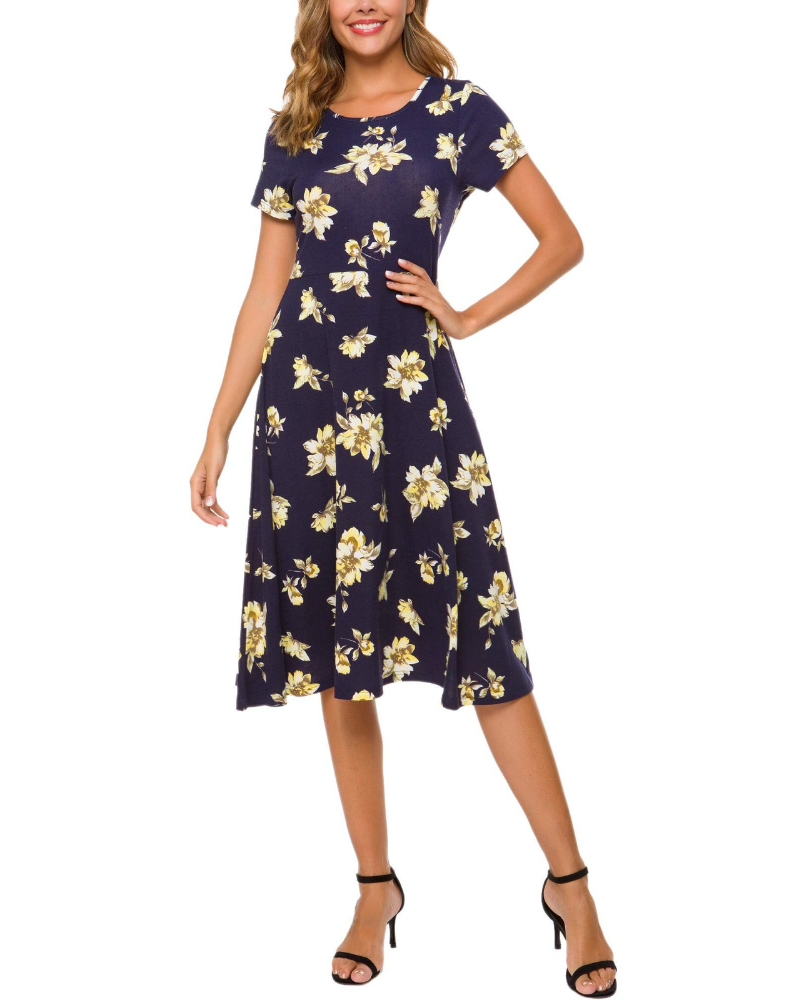 Hannah Abito Mujer – Vestido Floral a la Rodilla con Cuello Redondo, Mangas Cortas y Falda Acampanada