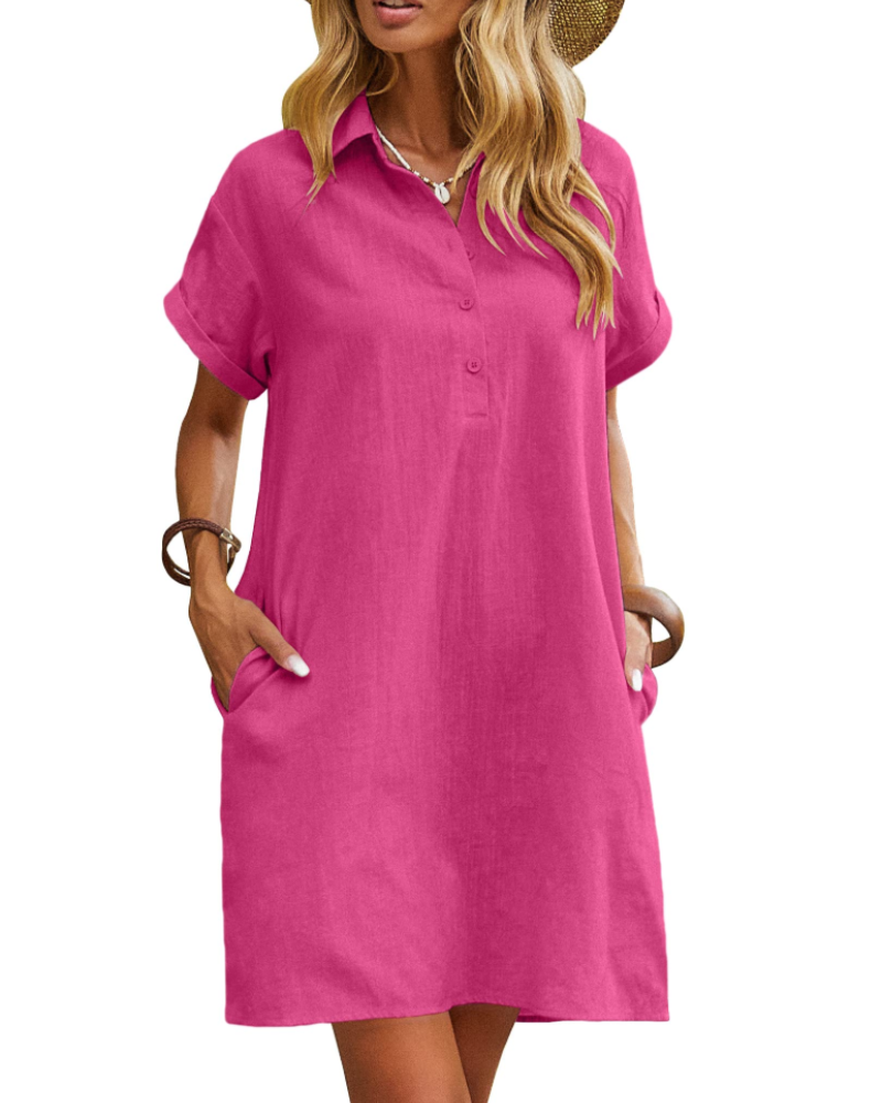Clarissa Robe-chemise pour femme – Coton, col en V, manches courtes et poches