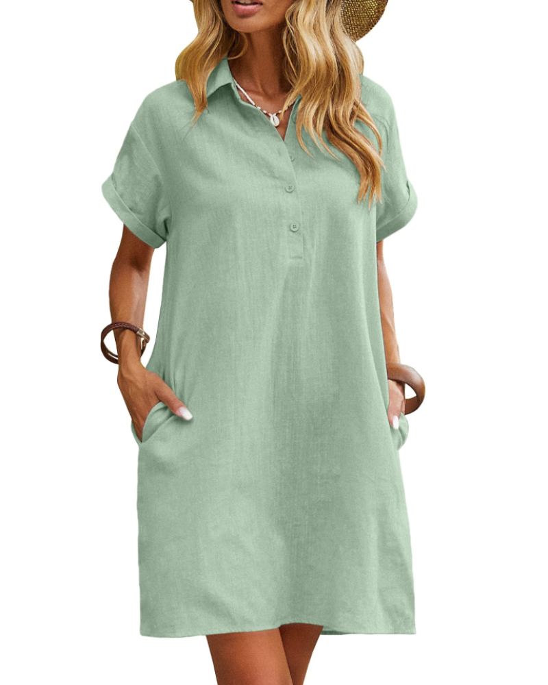 Clarissa Robe-chemise pour femme – Coton, col en V, manches courtes et poches
