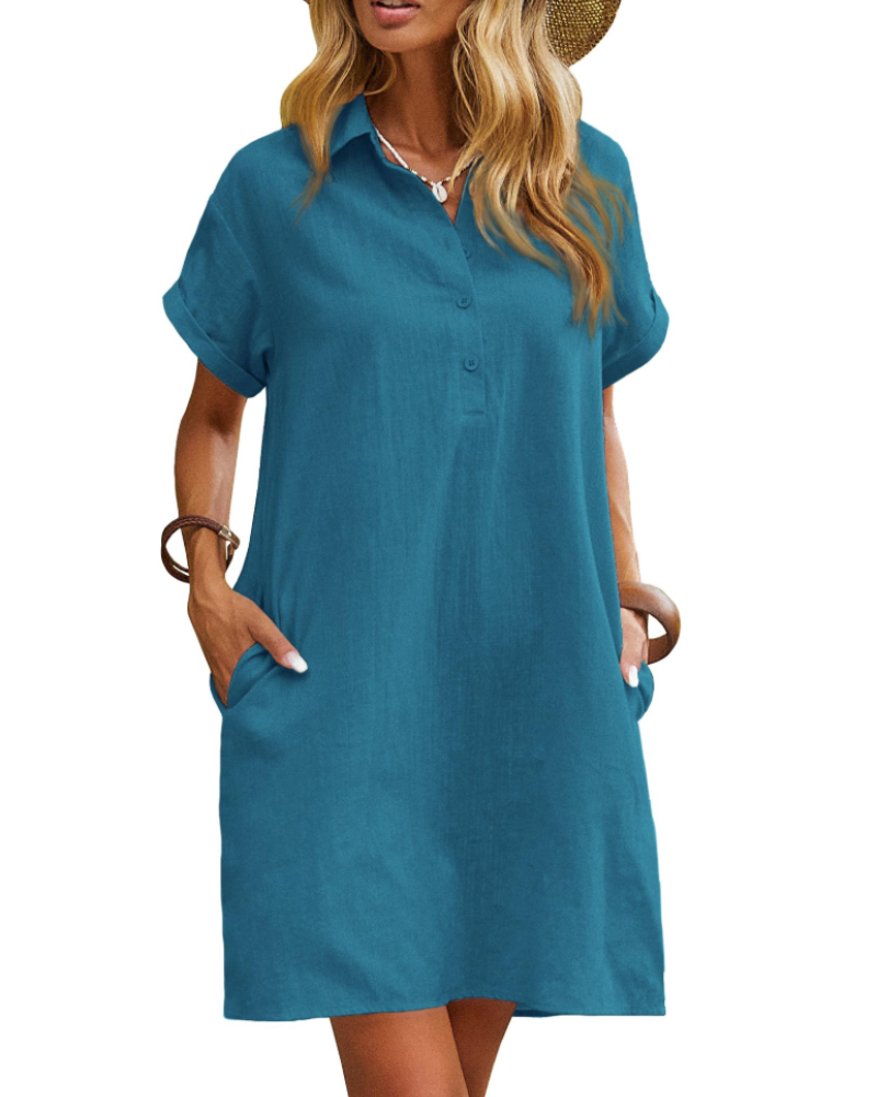 Clarissa Robe-chemise pour femme – Coton, col en V, manches courtes et poches