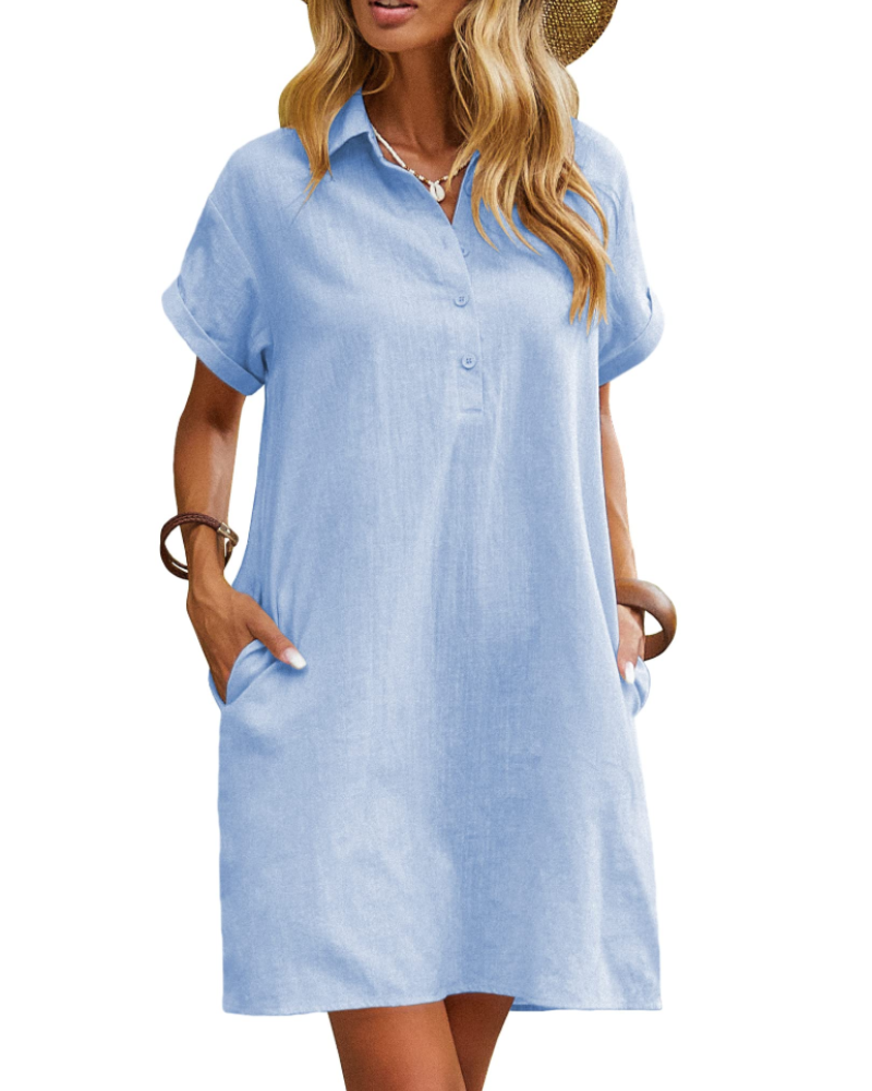 Clarissa Robe-chemise pour femme – Coton, col en V, manches courtes et poches