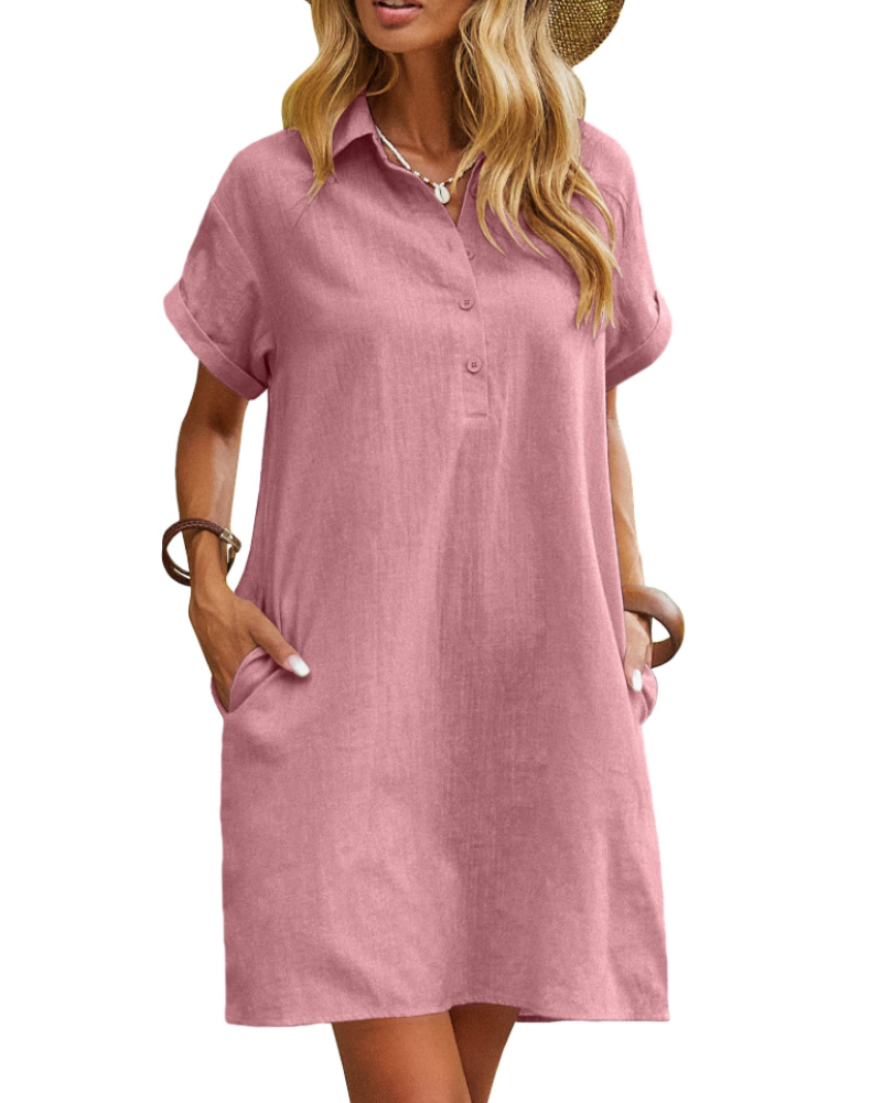 Clarissa Robe-chemise pour femme – Coton, col en V, manches courtes et poches