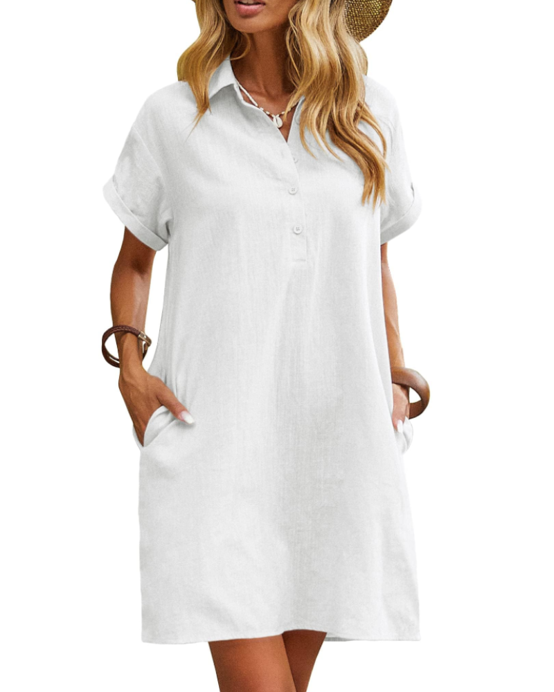 Clarissa Robe-chemise pour femme – Coton, col en V, manches courtes et poches