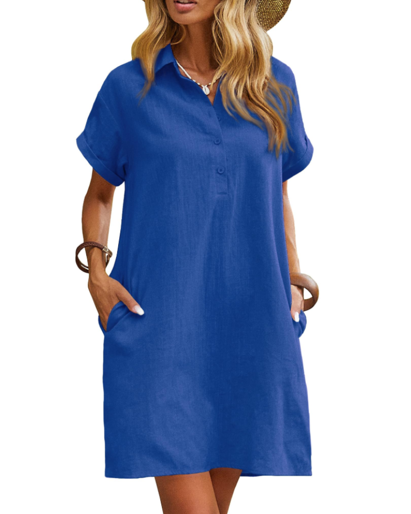 Clarissa Robe-chemise pour femme – Coton, col en V, manches courtes et poches