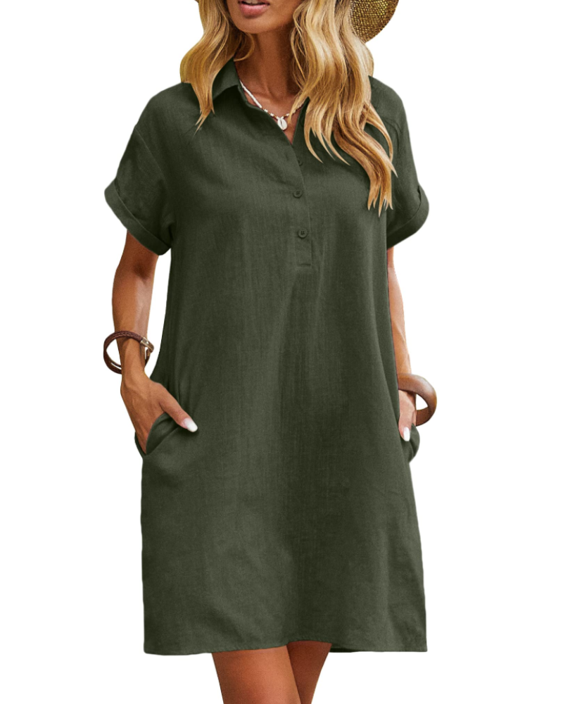 Clarissa Damen-Hemdblusenkleid – Baumwolle, V-Ausschnitt, kurze Ärmel und Taschen