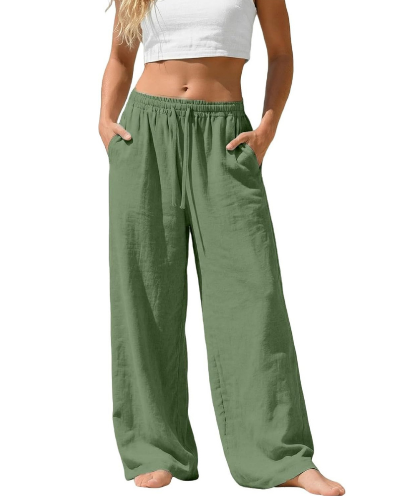 Amelia Pantaloni Palazzo Donna – Cotone e Lino, Vita Alta Elasticizzata con Tasche