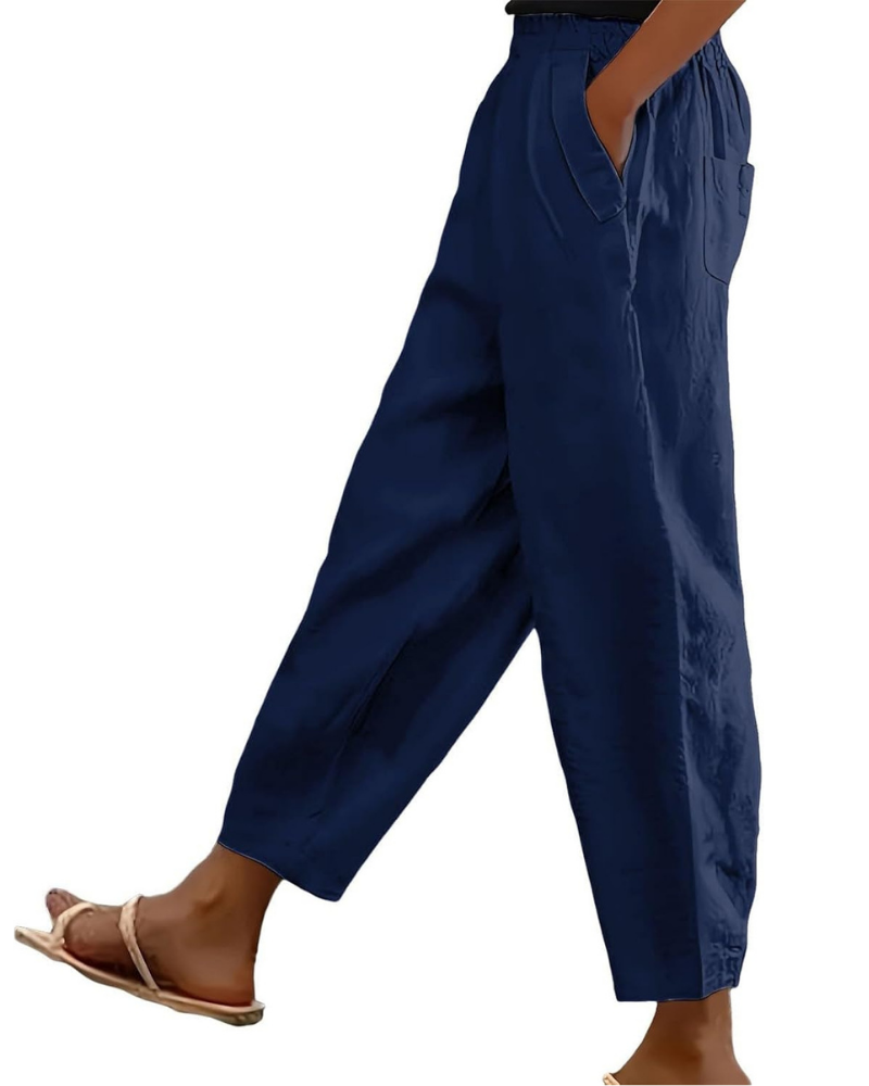 Sophia Pantaloni Donna in Lino Cotone – Vita Elasticizzata, Gamba Dritta e Tasche Casual