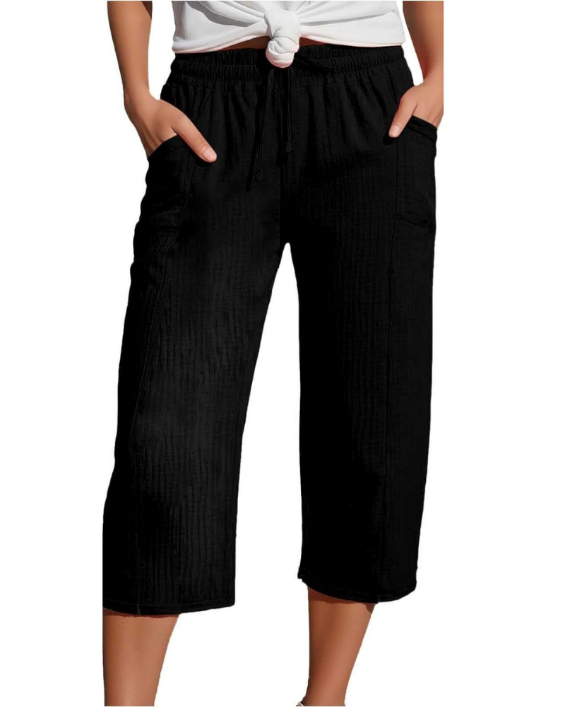Savannah Pantaloni Capri Donna – Misto Lino, Vita Elasticizzata e Tasche Laterali