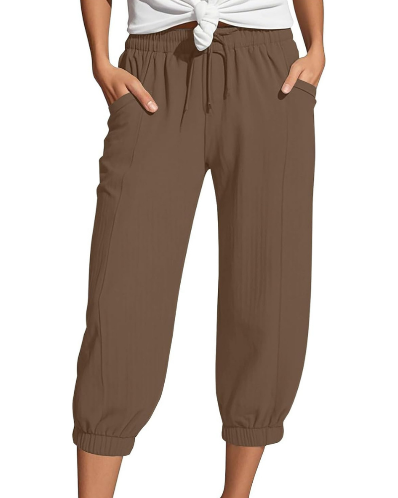 Sienna Pantaloni Capri Donna – Lino e Cotone, Vita Alta con Coulisse e Gamba Ampia