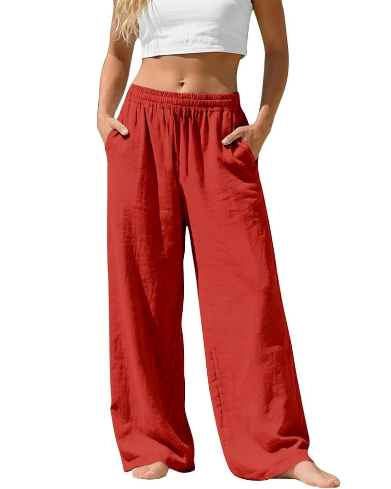 Amelia Pantaloni Palazzo Donna – Cotone e Lino, Vita Alta Elasticizzata con Tasche