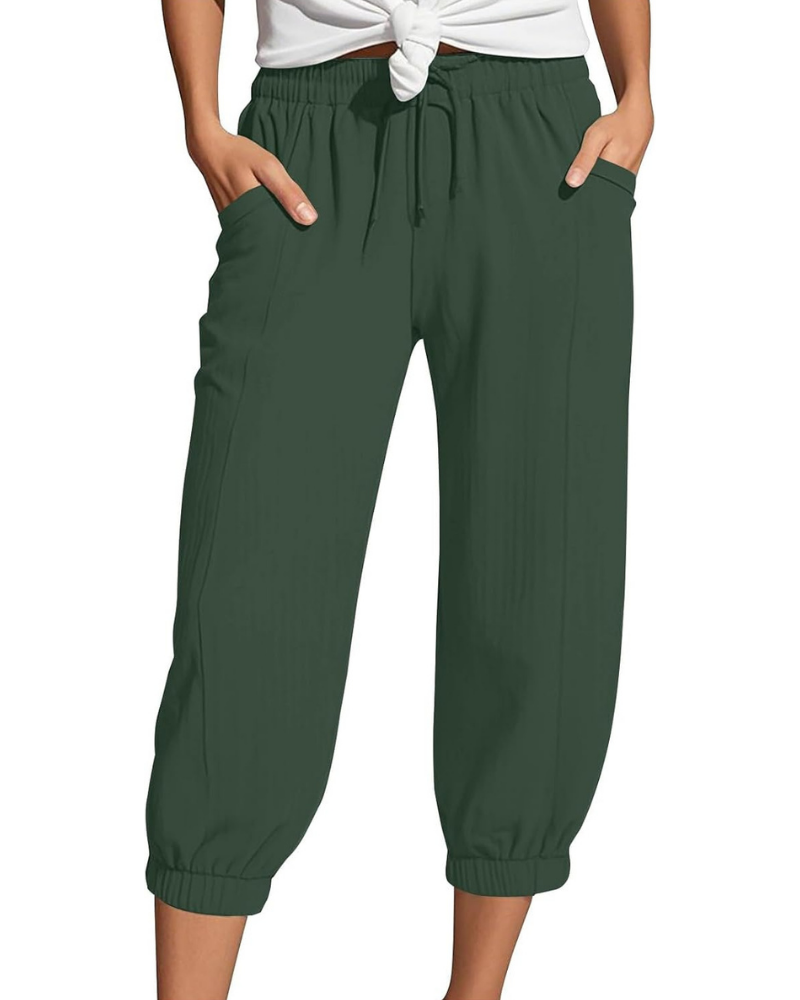 Sienna Pantaloni Capri Donna – Lino e Cotone, Vita Alta con Coulisse e Gamba Ampia