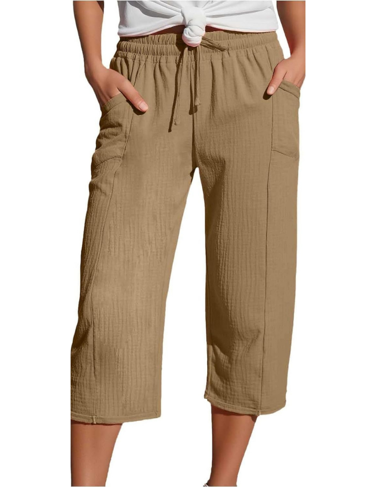 Savannah Pantaloni Capri Donna – Misto Lino, Vita Elasticizzata e Tasche Laterali