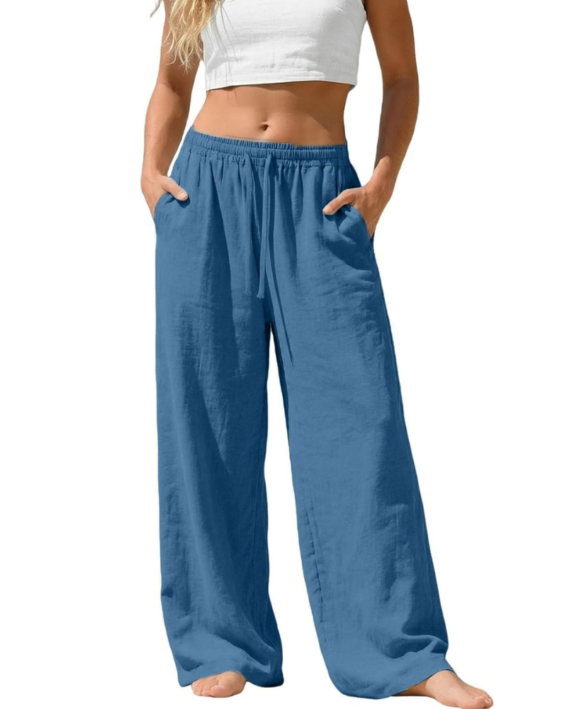 Amelia Pantaloni Palazzo Donna – Cotone e Lino, Vita Alta Elasticizzata con Tasche