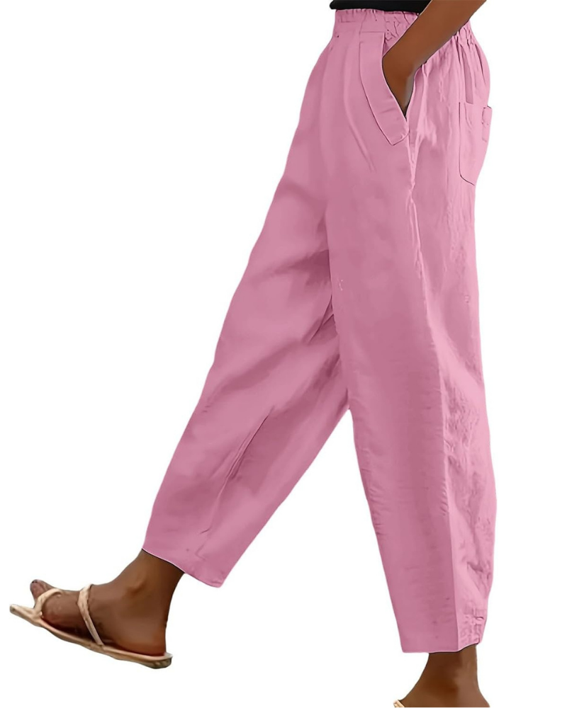 Sophia Pantaloni Donna in Lino Cotone – Vita Elasticizzata, Gamba Dritta e Tasche Casual
