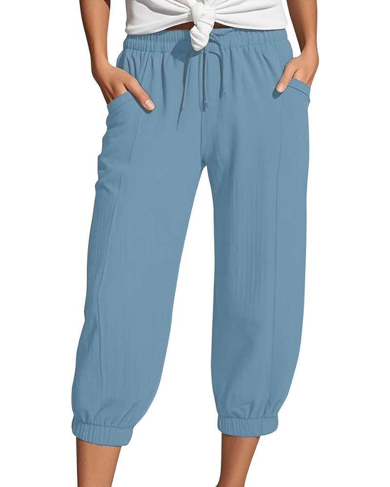 Sienna Pantaloni Capri Donna – Lino e Cotone, Vita Alta con Coulisse e Gamba Ampia