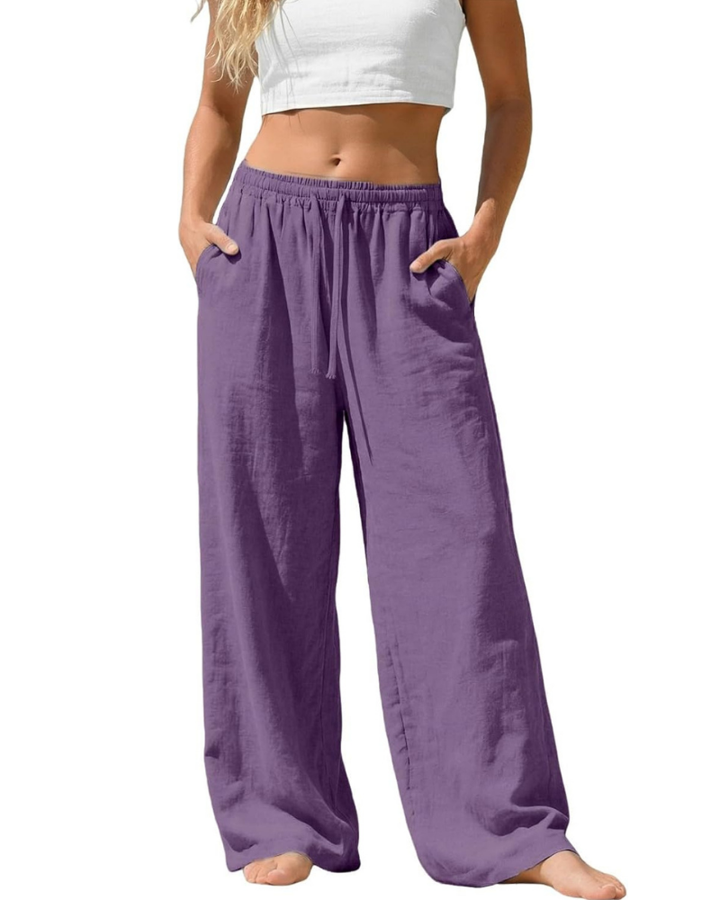 Amelia Pantaloni Palazzo Donna – Cotone e Lino, Vita Alta Elasticizzata con Tasche