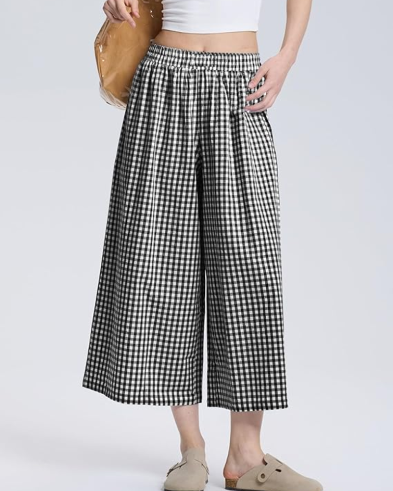 Lauren Pantaloni Capri Donna – Vita Elasticizzata, Gamba Larga e Fantasia a Righe o Quadri
