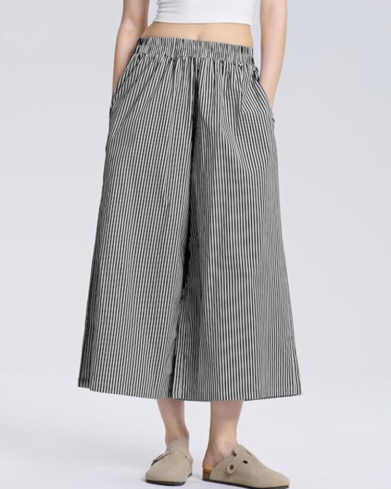 Lauren Pantaloni Capri Donna – Vita Elasticizzata, Gamba Larga e Fantasia a Righe o Quadri