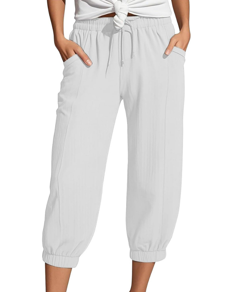 Sienna Pantaloni Capri Donna – Lino e Cotone, Vita Alta con Coulisse e Gamba Ampia