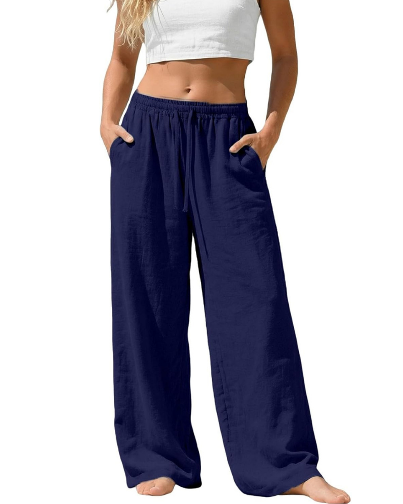 Amelia Pantaloni Palazzo Donna – Cotone e Lino, Vita Alta Elasticizzata con Tasche