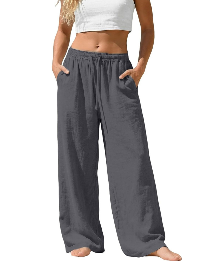 Amelia Pantaloni Palazzo Donna – Cotone e Lino, Vita Alta Elasticizzata con Tasche