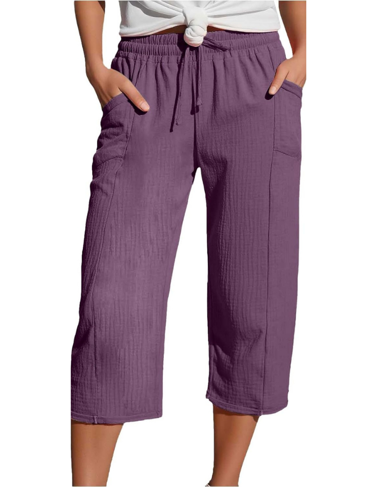 Savannah Pantaloni Capri Donna – Misto Lino, Vita Elasticizzata e Tasche Laterali