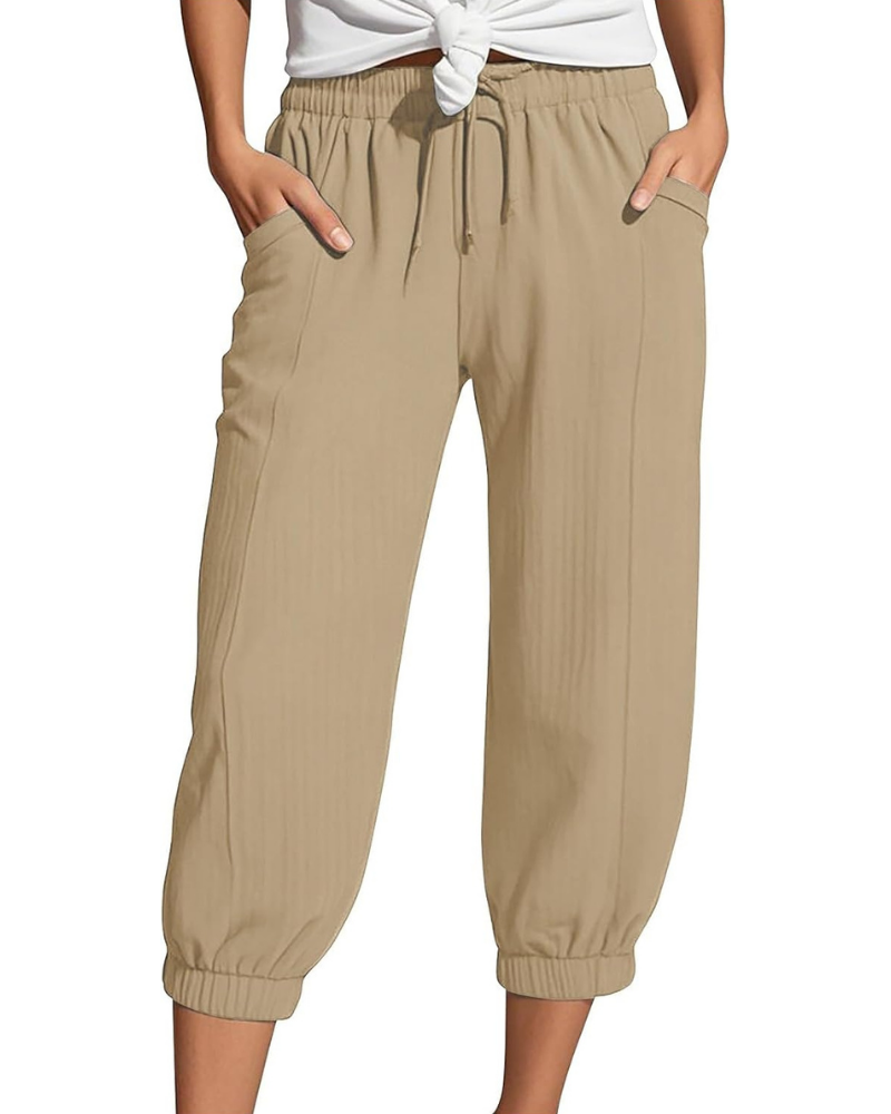 Sienna Pantaloni Capri Donna – Lino e Cotone, Vita Alta con Coulisse e Gamba Ampia