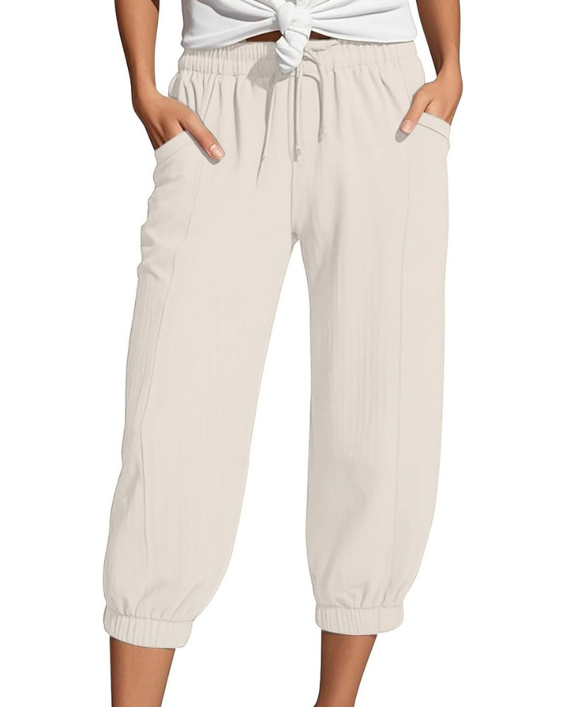 Sienna Pantaloni Capri Donna – Lino e Cotone, Vita Alta con Coulisse e Gamba Ampia