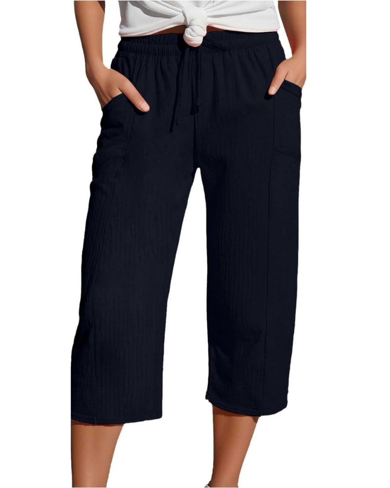 Savannah Pantaloni Capri Donna – Misto Lino, Vita Elasticizzata e Tasche Laterali