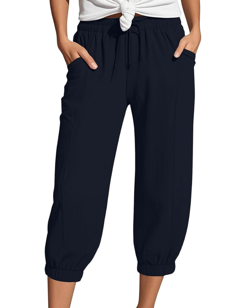 Sienna Pantaloni Capri Donna – Lino e Cotone, Vita Alta con Coulisse e Gamba Ampia