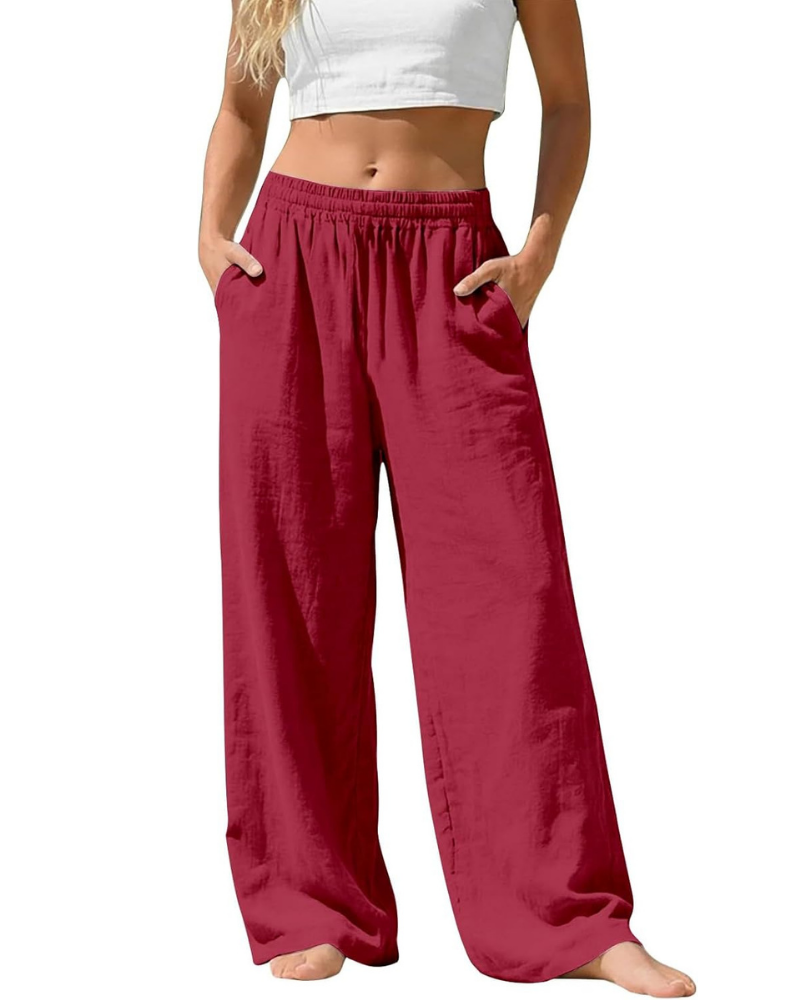 Amelia Pantaloni Palazzo Donna – Cotone e Lino, Vita Alta Elasticizzata con Tasche