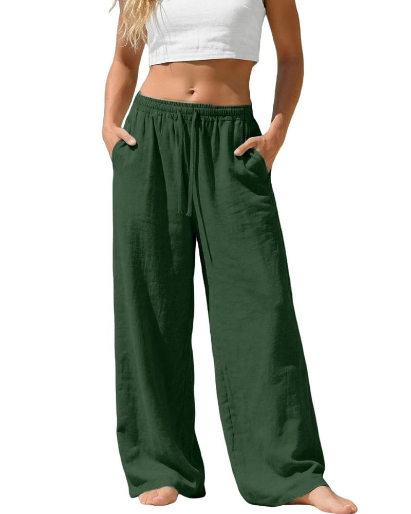 Amelia Pantaloni Palazzo Donna – Cotone e Lino, Vita Alta Elasticizzata con Tasche